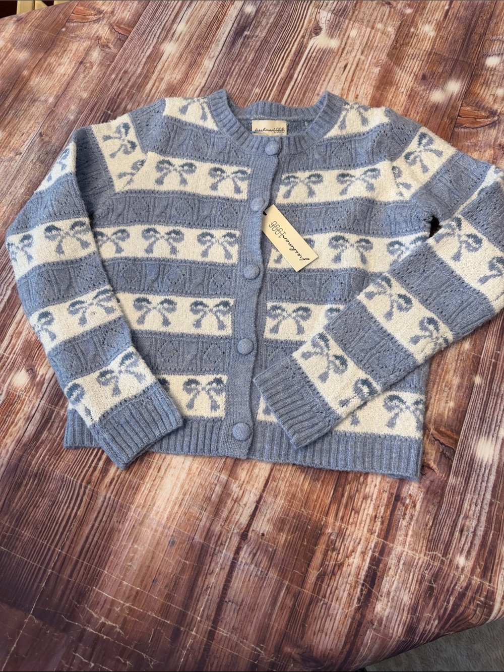 NWT'S Freshman 1996 blue and cream bow cardigan size small